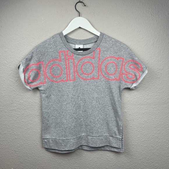 Adidas Girls Terry Short Sleeve Adidas Spellout Crewneck in Grey and Coral Sz XL - Picture 1 of 6